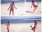 Boa de bola! Fernanda Pontes joga futebol na praia