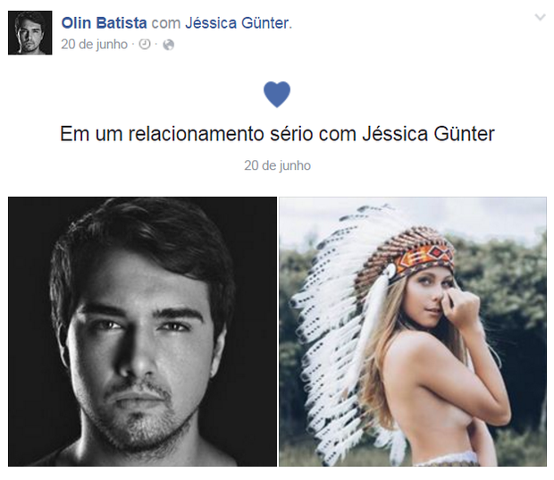 Olin Batista anunca volta de namoro com Jéssica Günter em seu perfil no Facebook (Foto: Reprodução)