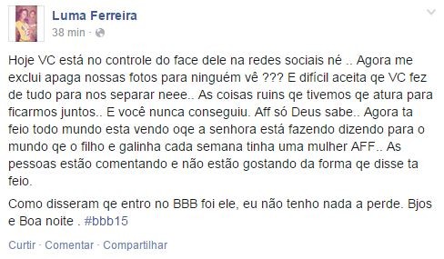Luma Ferreira em desabafo no Facebook  (Foto: Reprodução/Facebook)
