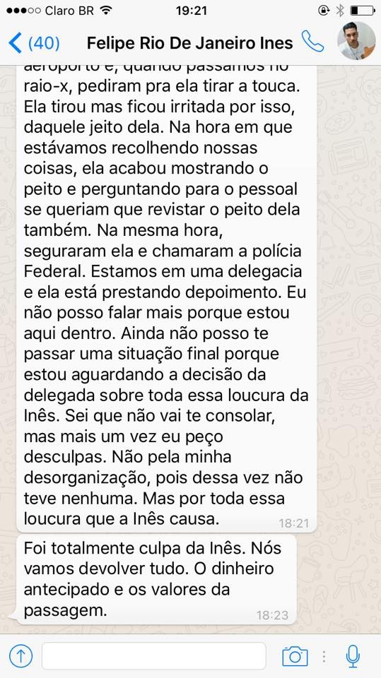 Mensagem do produtor de Inês Brasil para organizador da festa em que ela se apresentaria neste sábado, 18 (Foto: Reprodução/Facebook)