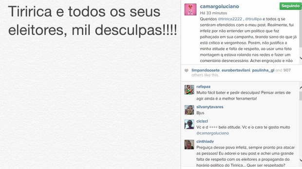 Luciano Camargo perde desculpas a Tiririca (Foto: Reprodução/Instagram)