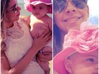 Antes de trabalhar, a ex-BBB Karla leva filha à praia com chapéu fofo