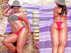 Solange Couto usa biquíni e mostra frente e verso na praia aos 58 anos
