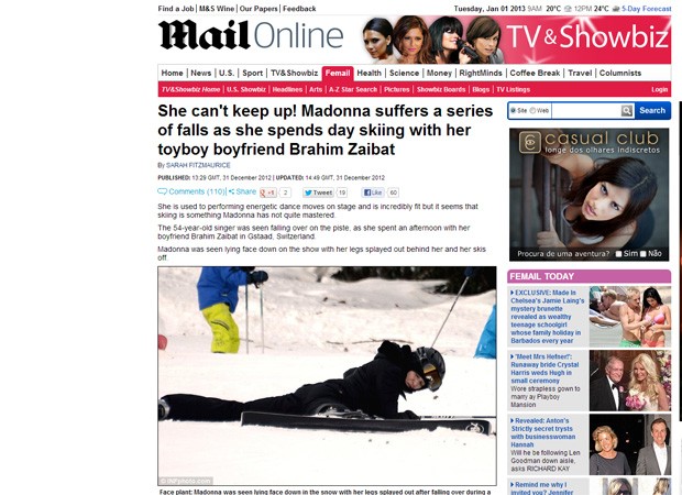 Madonna cai esquiando (Foto: Reprodução/Daily Mail)