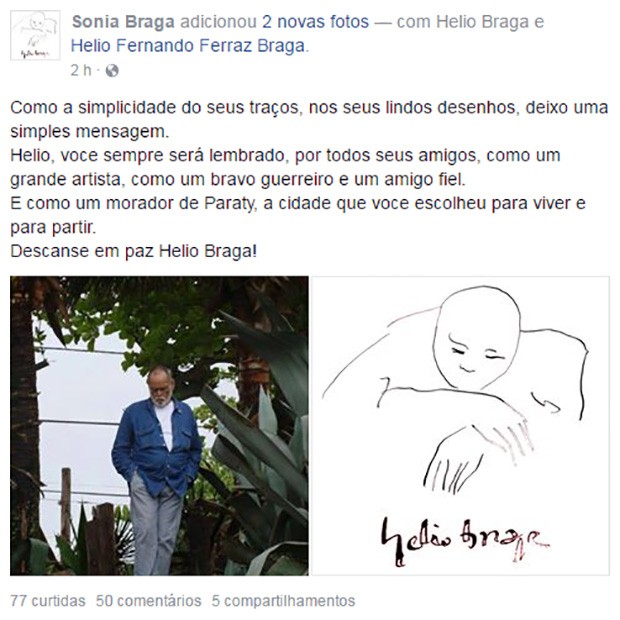 Sônia Braga faz post em homenagem a Hélio Braga (Foto: Reprodução / Facebook)