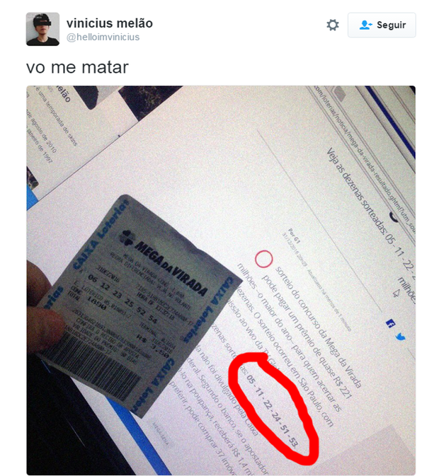 Usuário viraliza com bilhete quase premiado (Foto: Reprodução/Twitter)