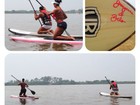 Gracyanne e Belo praticam stand up paddle em prancha personalizada 