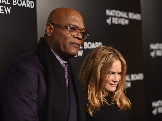 Samuel L. Jackson e Jennifer Jason Leigh em evento em Nova York, nos Estados Unidos (Foto: Dimitrios Kambouris/ Getty Images/ AFP)