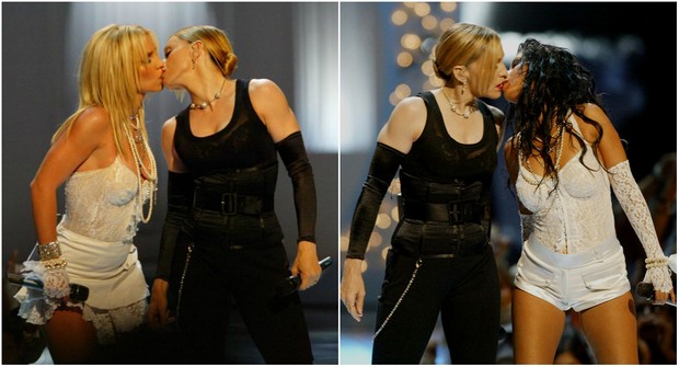 Britney Spears, Madonna e Christina Aguilera se beijam no VMA em 2003 (Foto: Reprodução)