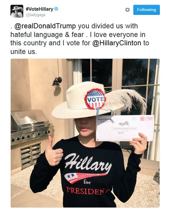 Lady Gaga apoia Hilary Clinton em eleição presidencial dos EUA (Foto: Twitter / Reprodução)