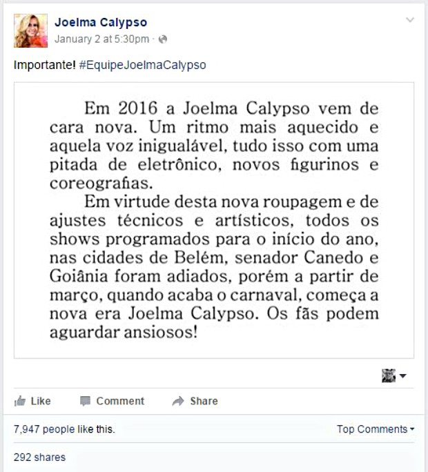 Comunicado de Joelma Calypso (Foto: Reprodução / Facebook)