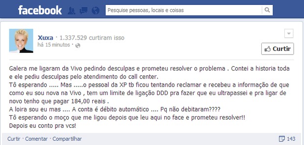 Xuxa sobre telefonia (Foto: Reprodução/ Facebook)