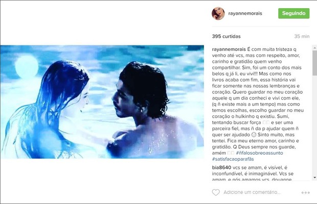 Rayanne Morais faz post no Instagram anunciando a separação de Douglas Sampaio (Foto: Reprodução/Instagram)
