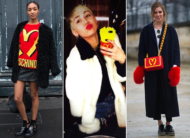 Coleção Moschino - Estampa McDonald&#39;s - Chiara Ferragni, Miley Cyrus e Jourdan Dunn (Foto: Agência Getty Images - Reprodução / Twitter - Agência Getty Images)