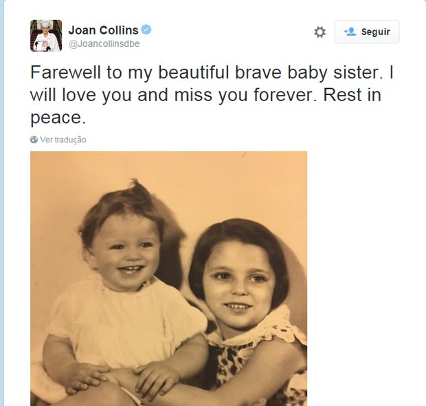 Joan Collins lamenta morte da irmã, Jackie Collins (Foto: Reprodução/Twitter)