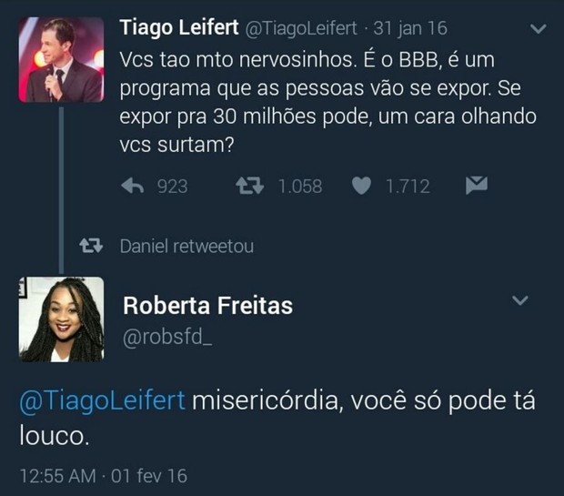 Tiago Leifert e Roberta Freitas já tiveram uma treta no Twitter (Foto: Reprodução/Twitter)