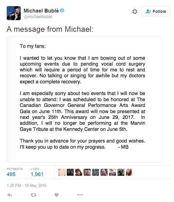 Michael Bublé cancela shows para fazer cirurgia nas cordas vocais (Foto: Instagram / Reprodução)
