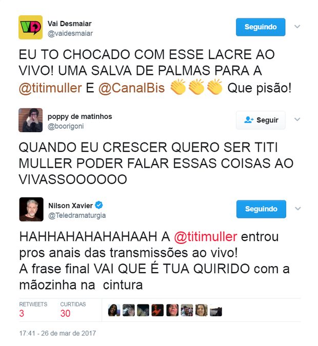 Comentários sobre fala de Titi Muller (Foto: Reprodução/Twitter)