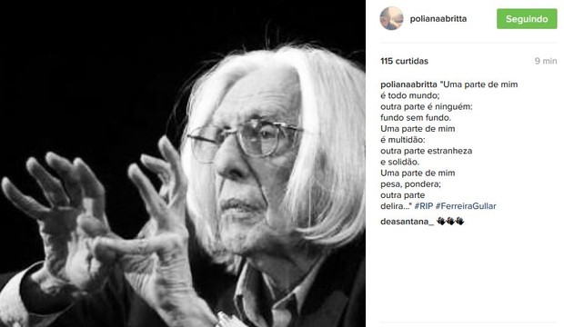 Poliana Britta sobre morte de Ferreira Gullar (Foto: Instagram / Reprodução)