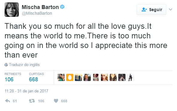 Mischa Barton agradece aos fãs pelo apoio após surto psicótico (Foto: Reprodução/Twitter)