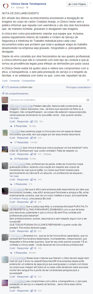 Comentários Funerária (Foto: Reprodução/ Facebook)