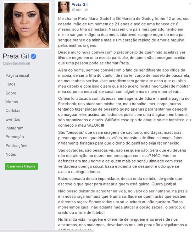 Preta Gil (Foto: Reprodução/Facebook)
