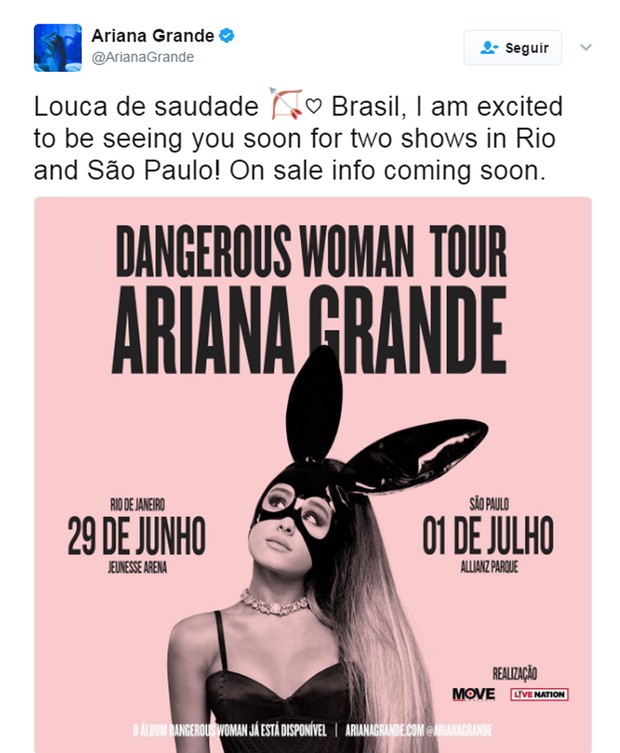 Ariana Grande confirma shows no Brasil  (Foto: Reprodução)