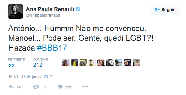 Ana Paula Renault comenta a lista do BBB 17 (Foto: Reprodução/Twitter)