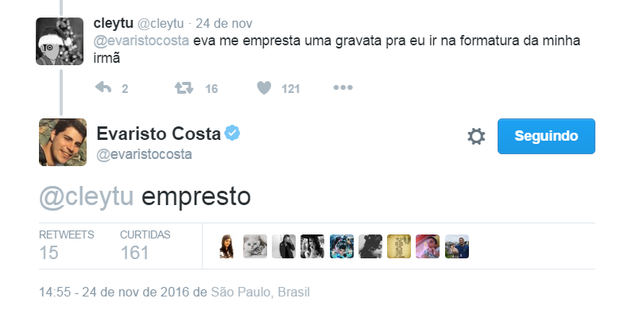 Evaristo Costa empresta gravata para seguidor no Twitter (Foto: Reprodução/Twitter)