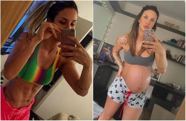 Lizi Benites antes da gravidez e aos 9 meses de gestação (Foto: Reprodução/Instagram)
