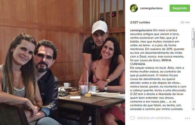 Desabafo de Luciano Camargo defendendo a cunhada, Graciele Lacerda (Foto: Reprodução/Instagram)