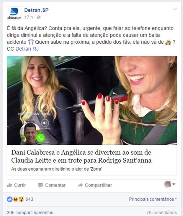 Detran de São Palo faz post citando Angélica (Foto: Reprodução / Facebook)