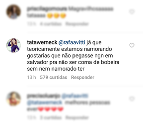 Comentários de Tatá Werneck e Rafael Vitti (Foto: Instagram / Reprodução)
