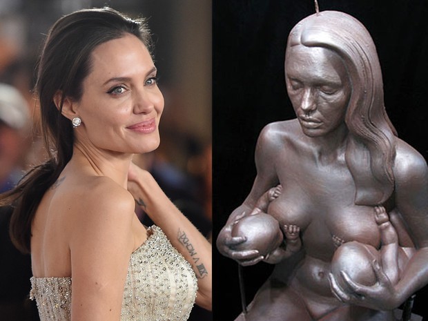 Ange&quot;linda&quot; Jolie e sua versão estátua (Foto: Jason Merritt/ Getty Images/AFP e Reprodução)