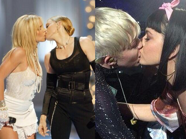 De um lado, Britney Spears beijando Madonna. Do outro, Miely Cyrus e Katy Perry (Foto: Reprodução / Internet)