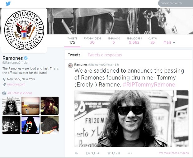 Tommy Ramone morreu na madrugada deste sábado, 12 (Foto: Reprodução do Twitter)