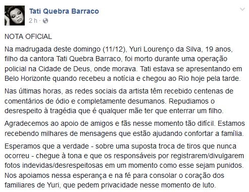 Comunicado na página de Tati Quebra Barraco (Foto: Reprodução/Facebook)