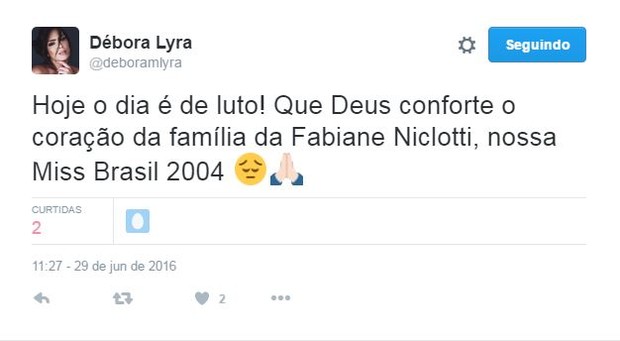 Débora Lyra fala sobre morte de Miss Brasil 2004 (Foto: Reprodução / Twitter)