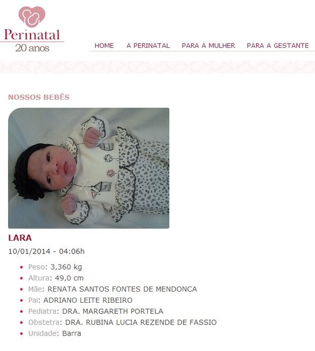 Nasce Lara, filha do jogador Adriano (Foto: Reprodução / Site Oficial da Perinatal)