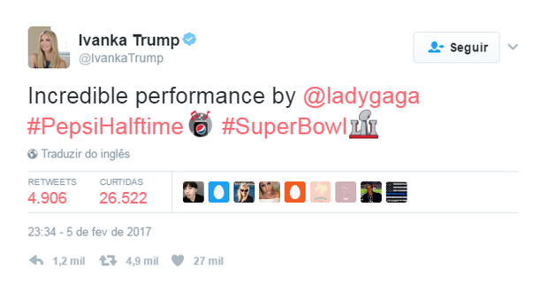 Ivanka Trump elogia Lady Gaga (Foto: Reprodução / Twitter)