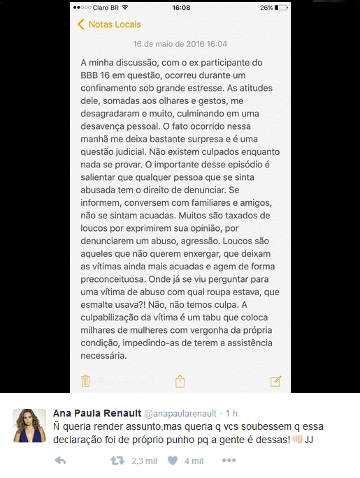  Ana Paula Renault se pronuncia no Twitter após acusações contra ex-BBB Laércio (Foto: Reprodução/Twitter)